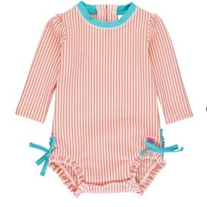 RuffleButts Baby Girls Seersucker Long Sleeve UPF50+ One Piece Rash Guard 0-3M